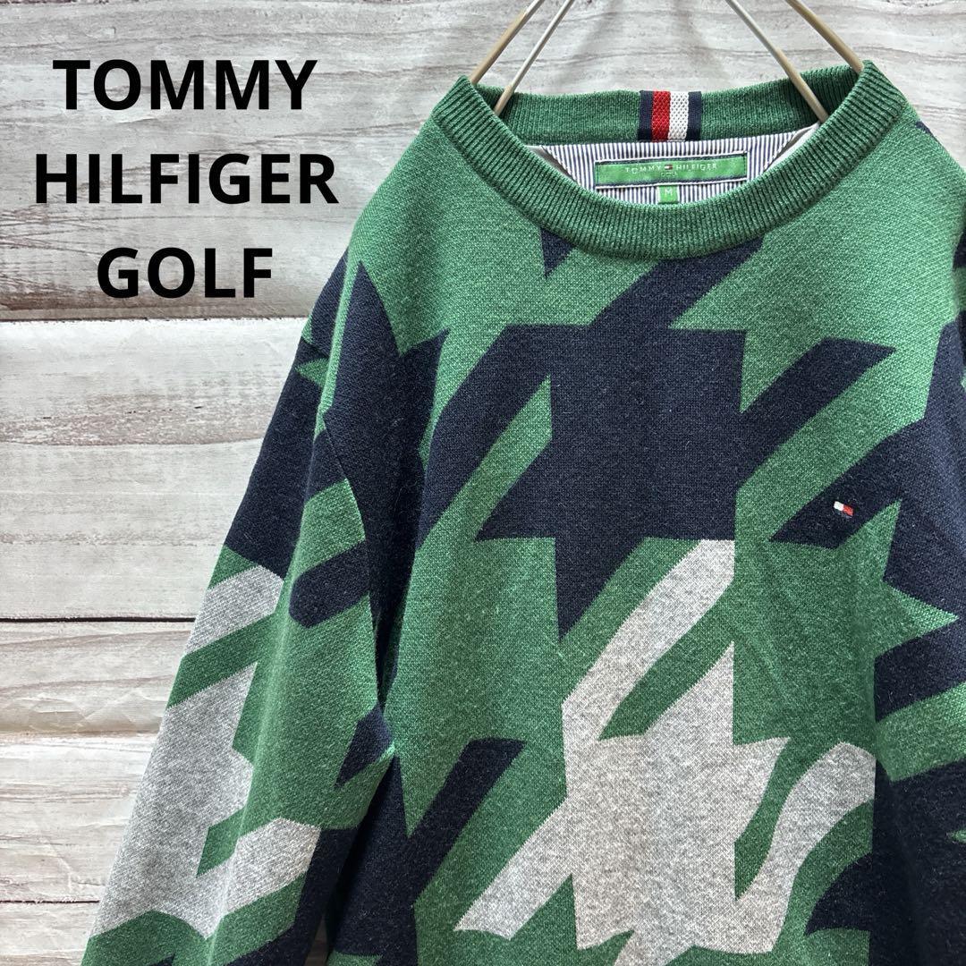 TOMMY HILFIGER GOLF 千鳥柄セーター 防風 緑 ワンポイント