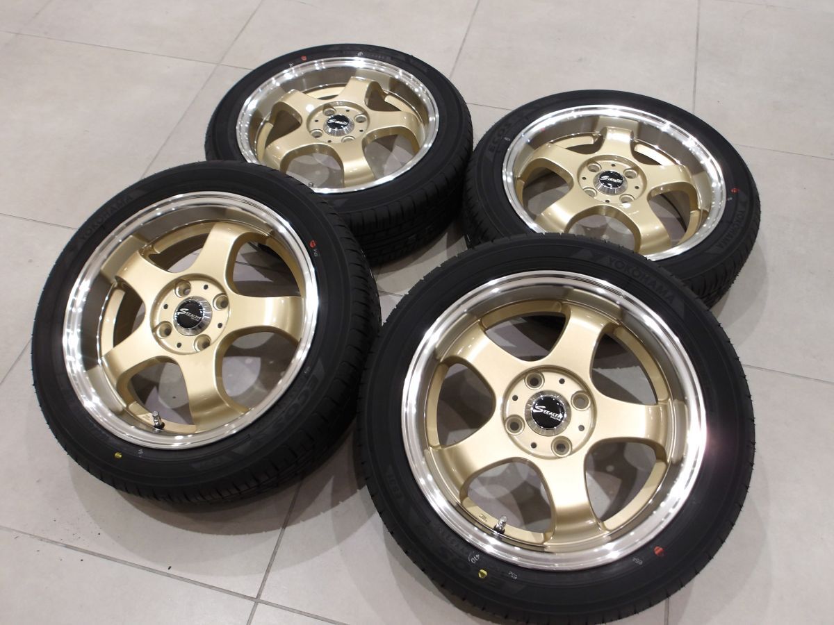 H 送料無料 深リム 段リム ゴールド 15 4H100 5.5J+45 ヨコハマ 165/55R15 ルークス ミラ タント エブリィ N-BOX スペーシア アルト 軽 K36