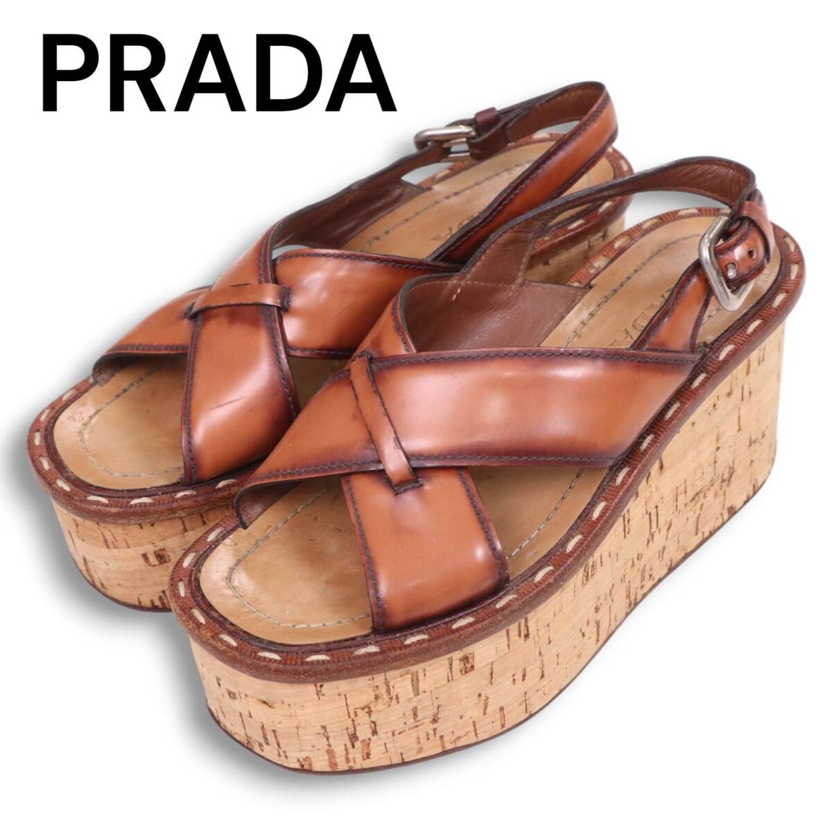 PRADA プラダ 春夏★ コルク ウェッジソール レザー サンダル Sz.23cm位 レディース イタリア製