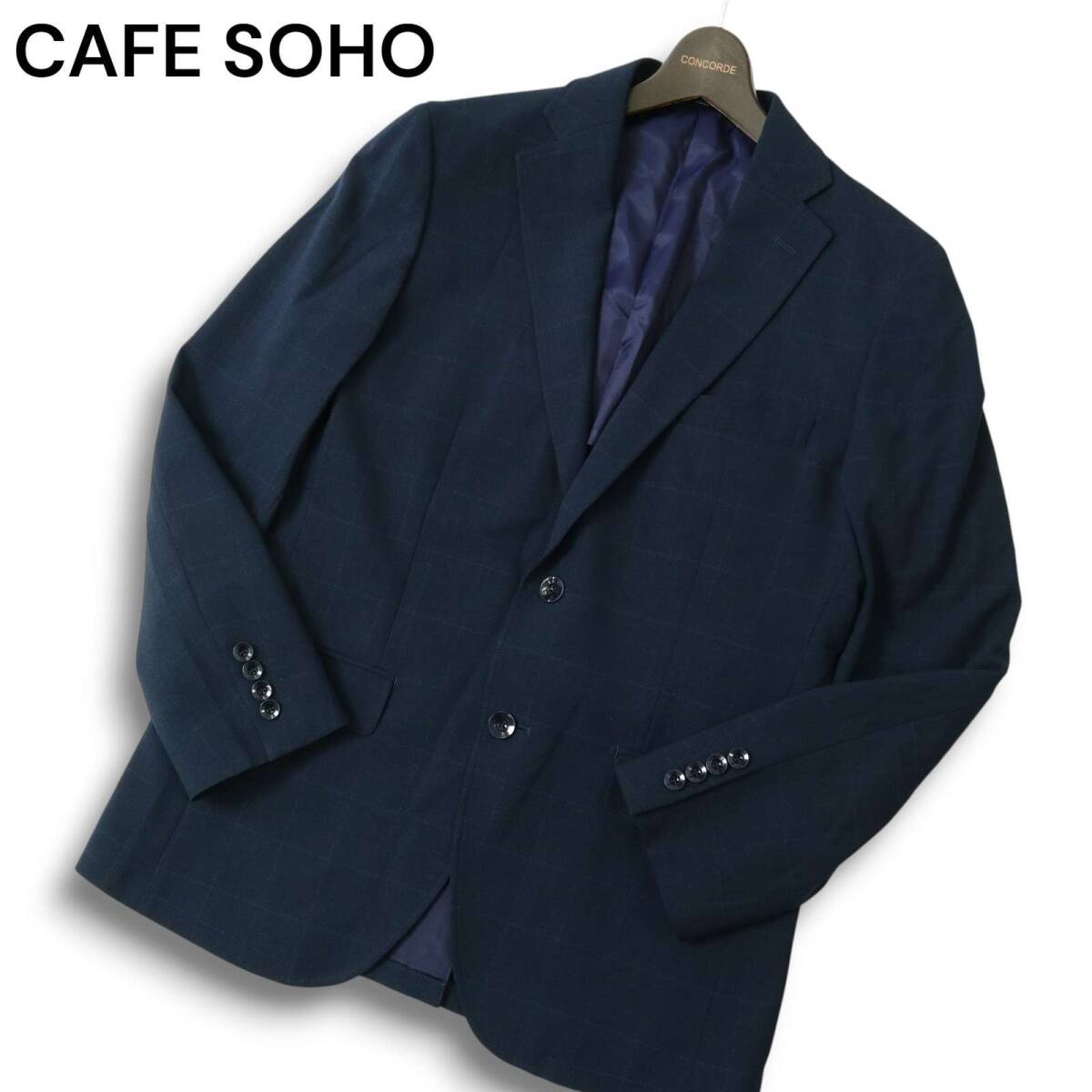 CAFE SOHO カフェソーホー 背抜き ウィンドウペン チェック★ アンコン テーラード ジャケット Sz.95A6 メンズ ネイビー