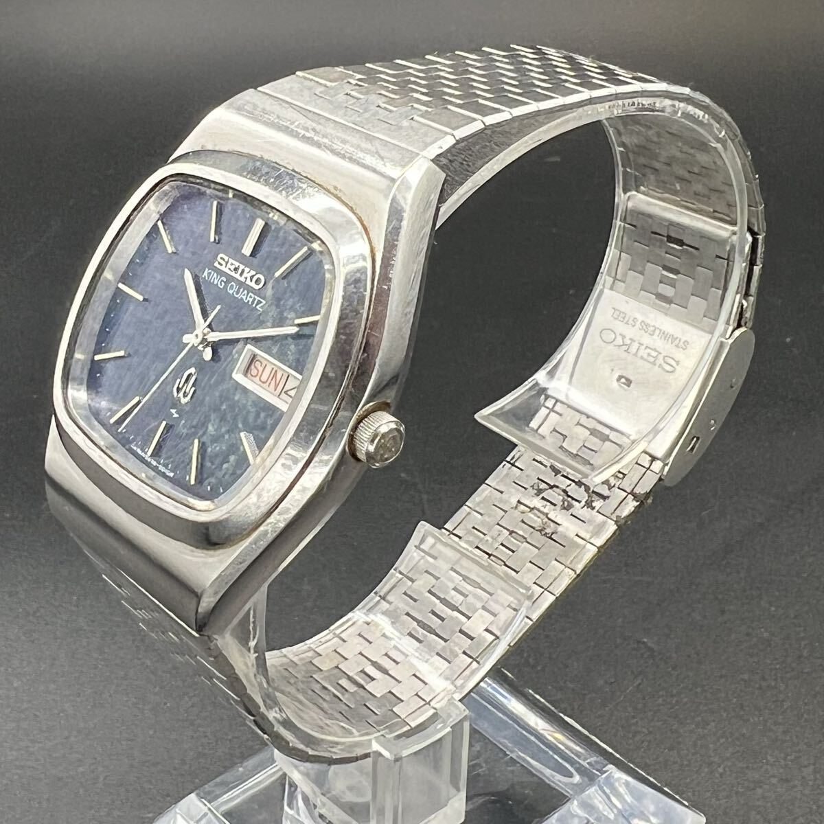 動作未確認 SEIKO セイコー 腕時計 KING QUARTZ キングクォーツ 5856-5010 デイデイト 紺文字盤 スクエア SS pt9-2