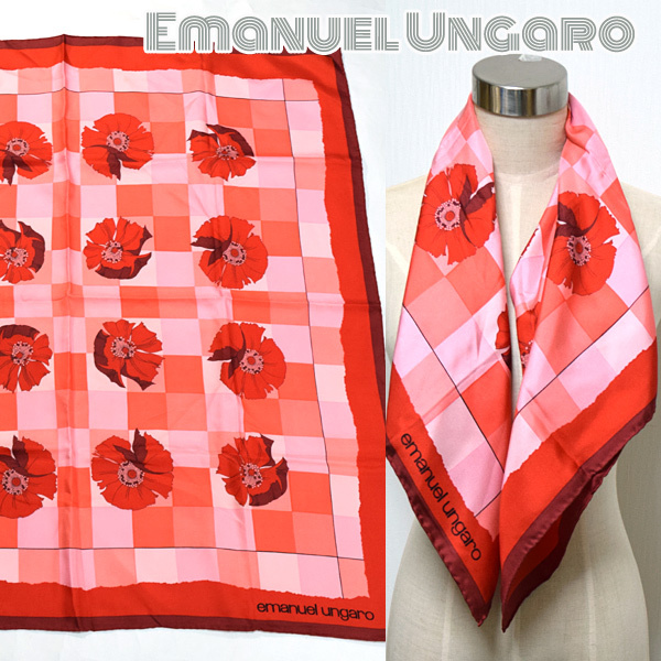 Emanuel Ungaro■ロゴ入り花柄大判シルクスカーフ　レッド×ピンク　エマニュエルウンガロ スカーフ 