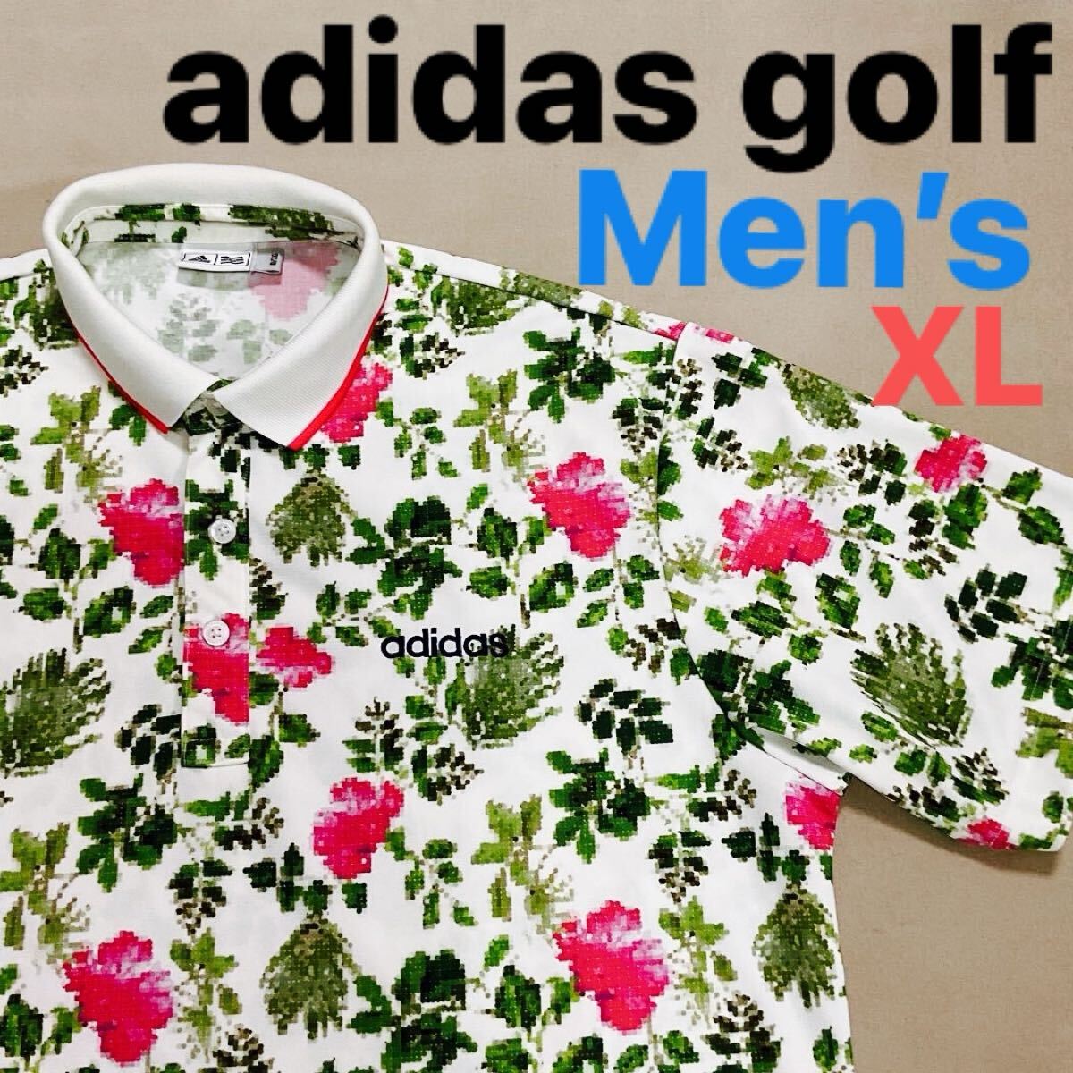 【超美品】adidas アディダスゴルフ メンズO XG XL相当　半袖ゴルフポロシャツ　ゴルフポロシャツ　ゴルフウェア　総柄　刺繍調 ストレッチ