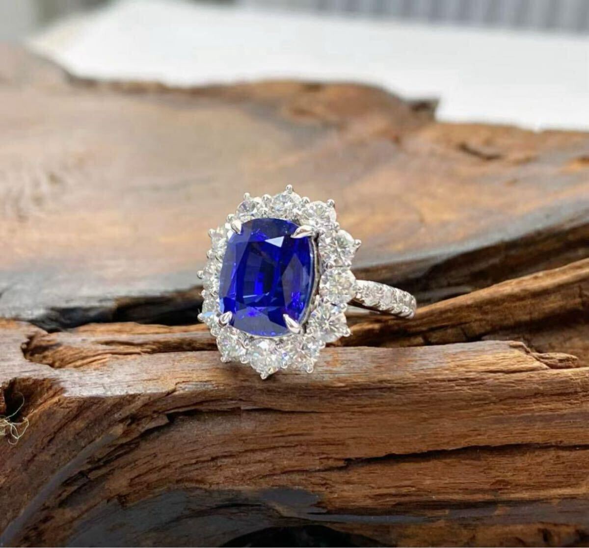 ロイヤルブルー サファイア リング 5.13ct クッション PT950 培育ダイヤ2.06ct GRC鑑別書付