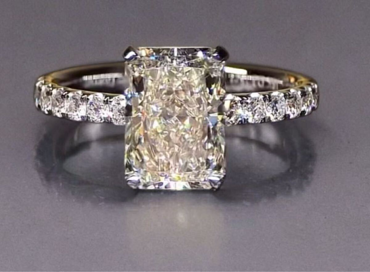 ラボグロウンダイヤモンド リング 3ct Dカラー VS1 ラディアント PT950 脇石0.53ct 無改色 IGI鑑定書付