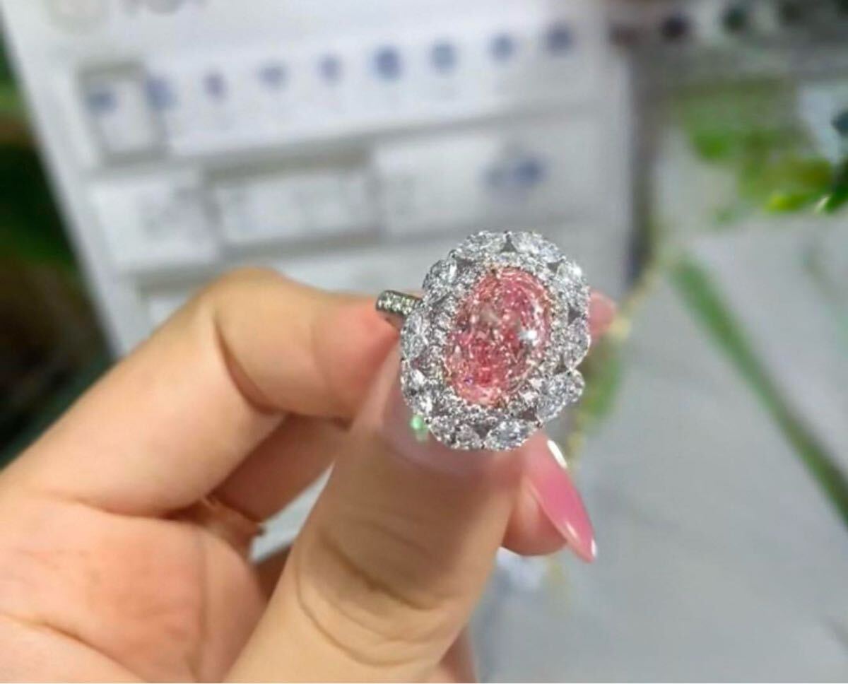 受注制作 ピンク ラボグロウンダイヤモンド リング 2ct VS1 オーバル PT950 メレ1.2ct Fancy Vivid IGI鑑定書付