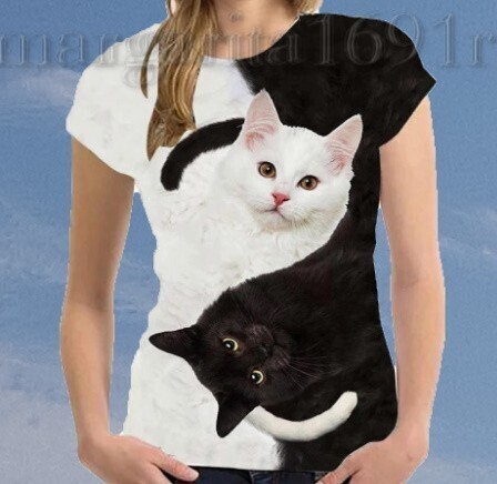 かわいい猫 黒猫と白猫★メンズ レディース 男女兼用★ネコ柄 3D Tシャツ プリント 半袖 夏 トップス★選べるサイズ S～5XL★a027-1
