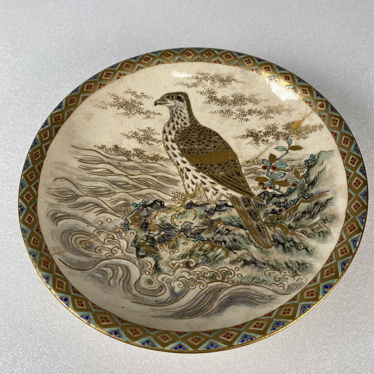 旧家整理品 薩摩焼 如雪 献上手 金襴手 金彩花鳥波文飾皿 和食器 茶道具 皿 鉢 飾鉢 細密絵付 時代物 骨董品 古美術品 直径15.2cm【915①】