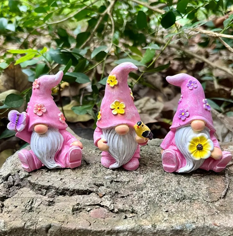 ■新品■ガーデンオブジェ【ノーム】ピンク【3点セット】庭　オーナメント　ガーデニング　インテリア　かわいい　ミニ　フェアリーハウス