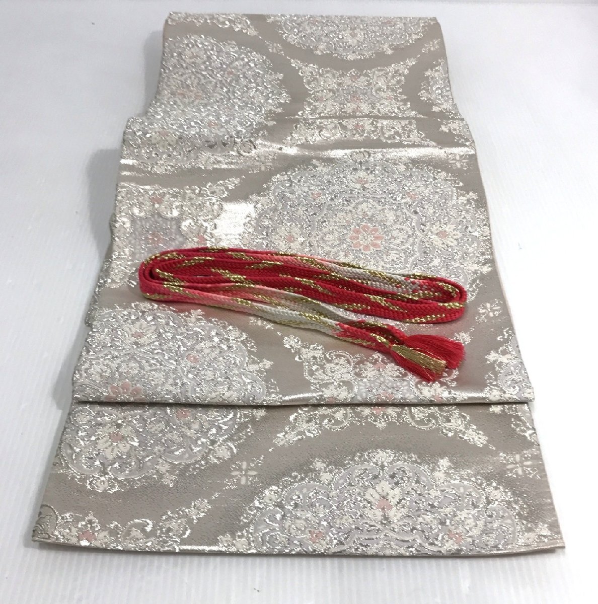 正絹 帯 帯締め セット 袋帯 プラチナ箔 華文 九百錦 六通 着物小物 和装 タペストリー フォーマル 和服 【道楽札幌】