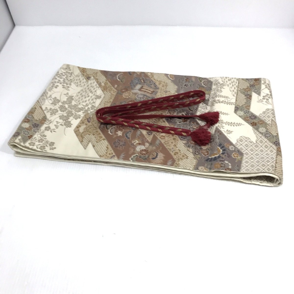 正絹 袋帯 帯締め セット 桃山 御所車 金糸 箔 四季花 蝶 刺繍 打ち出の小槌 古都 着物小物 和装 タペストリー フォーマル 和服【道楽札幌