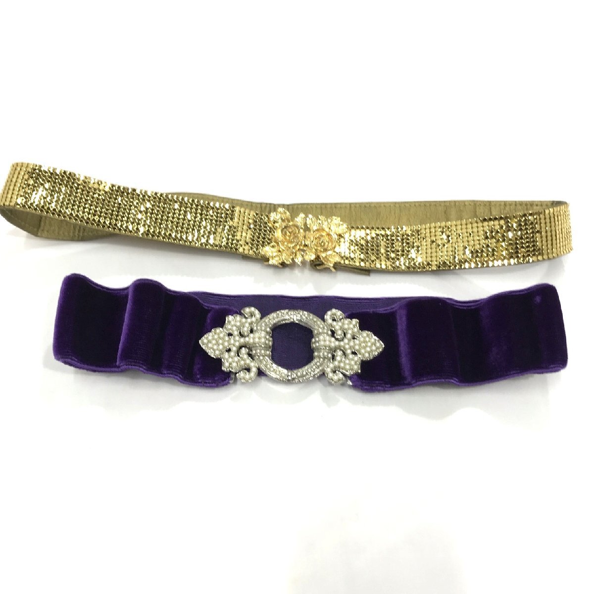アクセントベルト レディース ２点 /ゴールド(色) 約75.５㎝/パープル ゴムあり 約60㎝/レトロ アンティーク イベント パーティー【道楽札