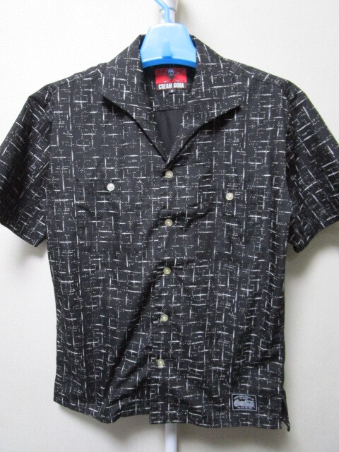 CREAM SODA ITALIAN COLLAR SHIRT・M・黒／ブラック（クリームソーダイタリアンカラーカスリプリント半袖シャツピンクドラゴンロカビリー）
