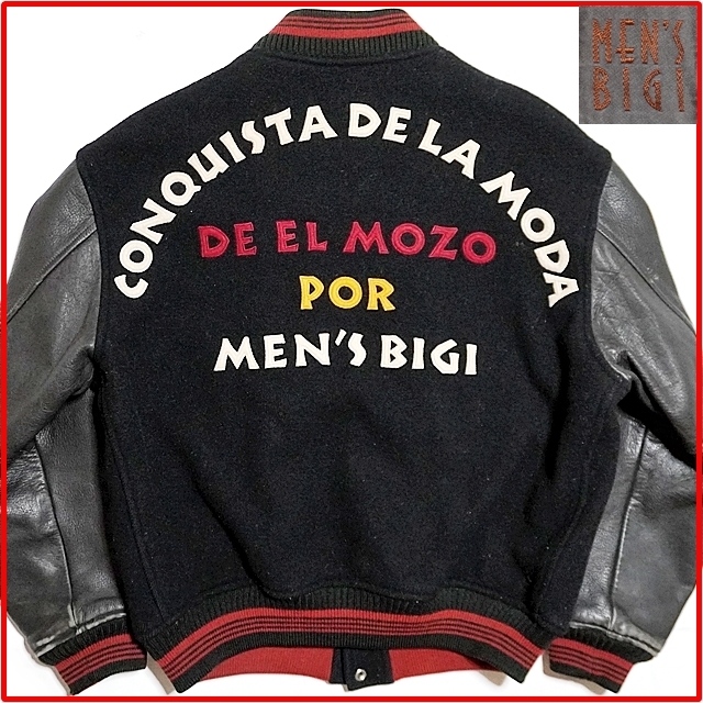 即決★MEN'S BIGI★メンズ3 レザーアームスタジャン メンズビギ 希少 80's ブラック 黒 ブルゾン ジャンパー アウター