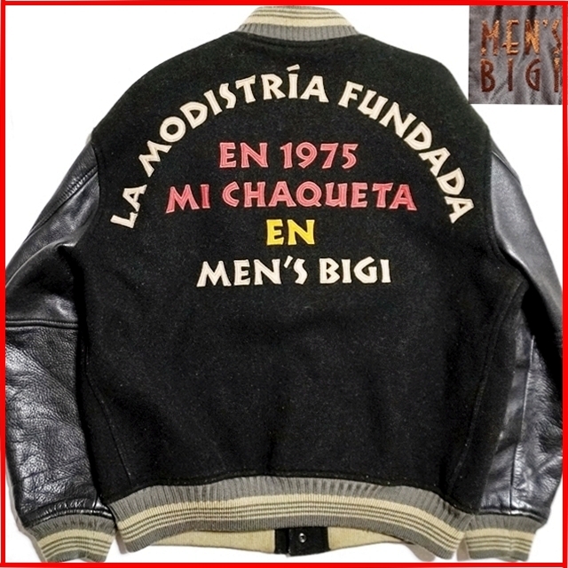 即決★MEN'S BIGI★メンズL レザーアームスタジャン メンズビギ 希少 80's ダークグリーン 濃緑 ジャンパー ブルゾン アウター