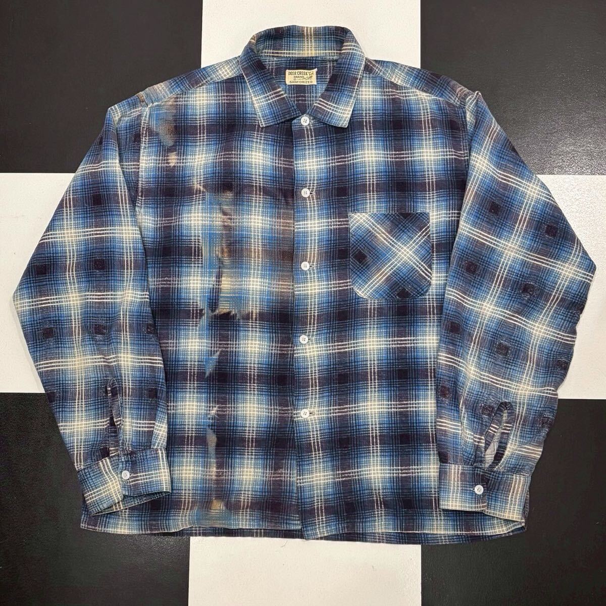 【637】 50s DEER CREEK オンブレ チェック プリント ネル シャツ ブルー 青 blue vintage ビンテージ ディアクリーク print shirt