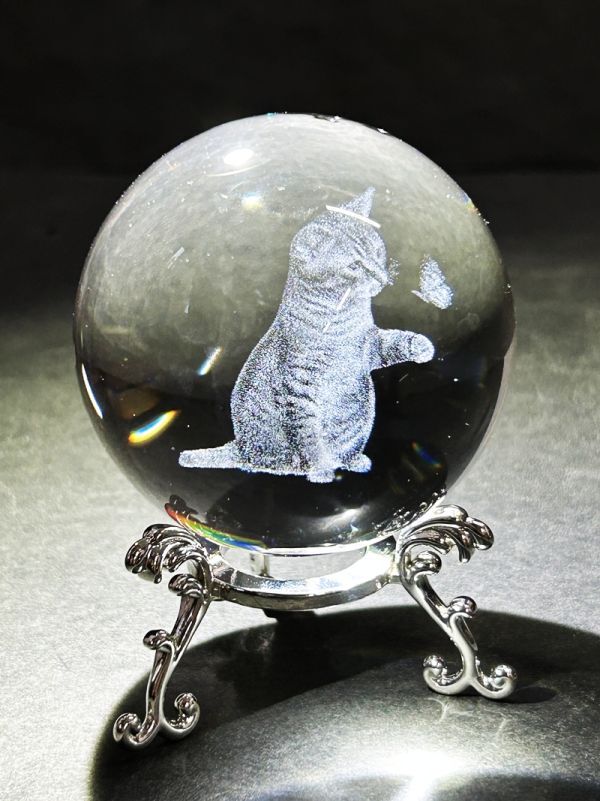 ネコ雑貨 ガラス玉 3D キャット クリスタルボール 猫 ネコ オブジェ インテリア 飾り 小物 かわいい おしゃれ プレゼント ギフト