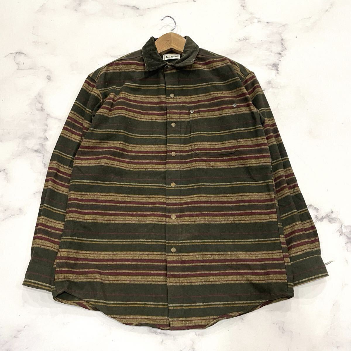 C ○ 90’sビンテージ!! '高品質' L.L.Bean エルエルビーン 長袖 厚手 ボーダー柄 スナップボタン シャツ ジャケット M トップス ブラウン