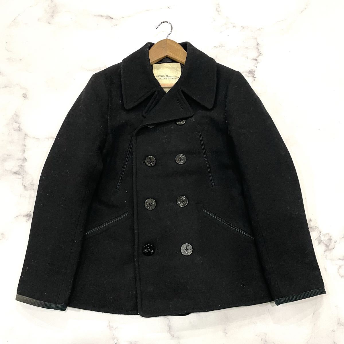 C ○ 洗練されたデザイン!! '国内正規品' RALPH LAUREN ラルフローレン ウール混 ダブルブレスト ピーコート L メンズ アウター ブラック