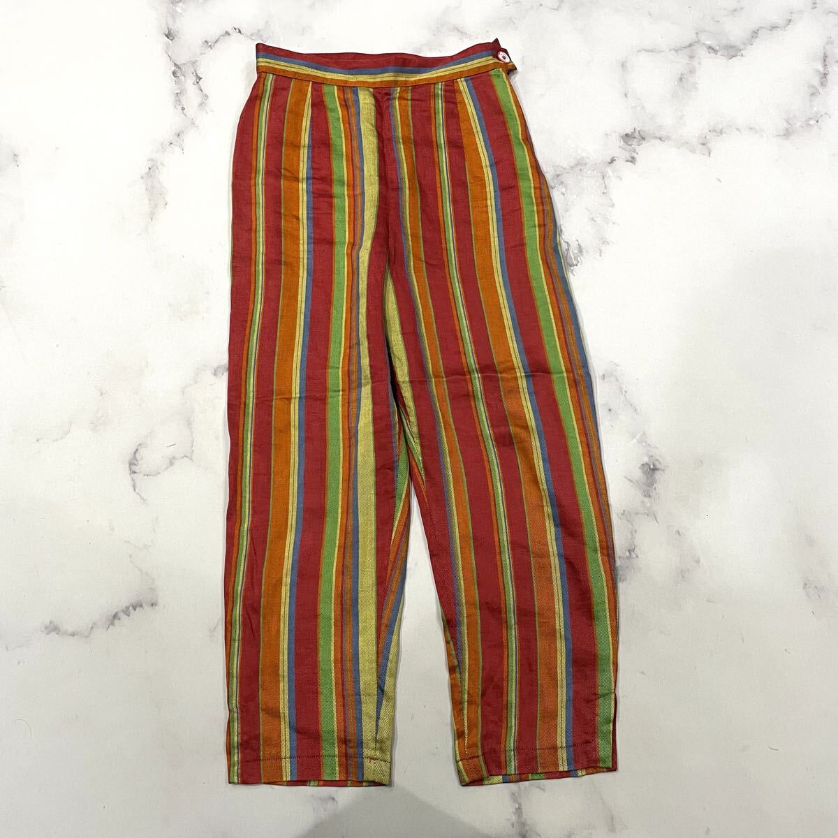I ○ 90’sビンテージ '日本製' KENZO ケンゾー ストライプ柄 リネン混 マルチカラー ストレッチパンツ size:1 レディース ボトムス