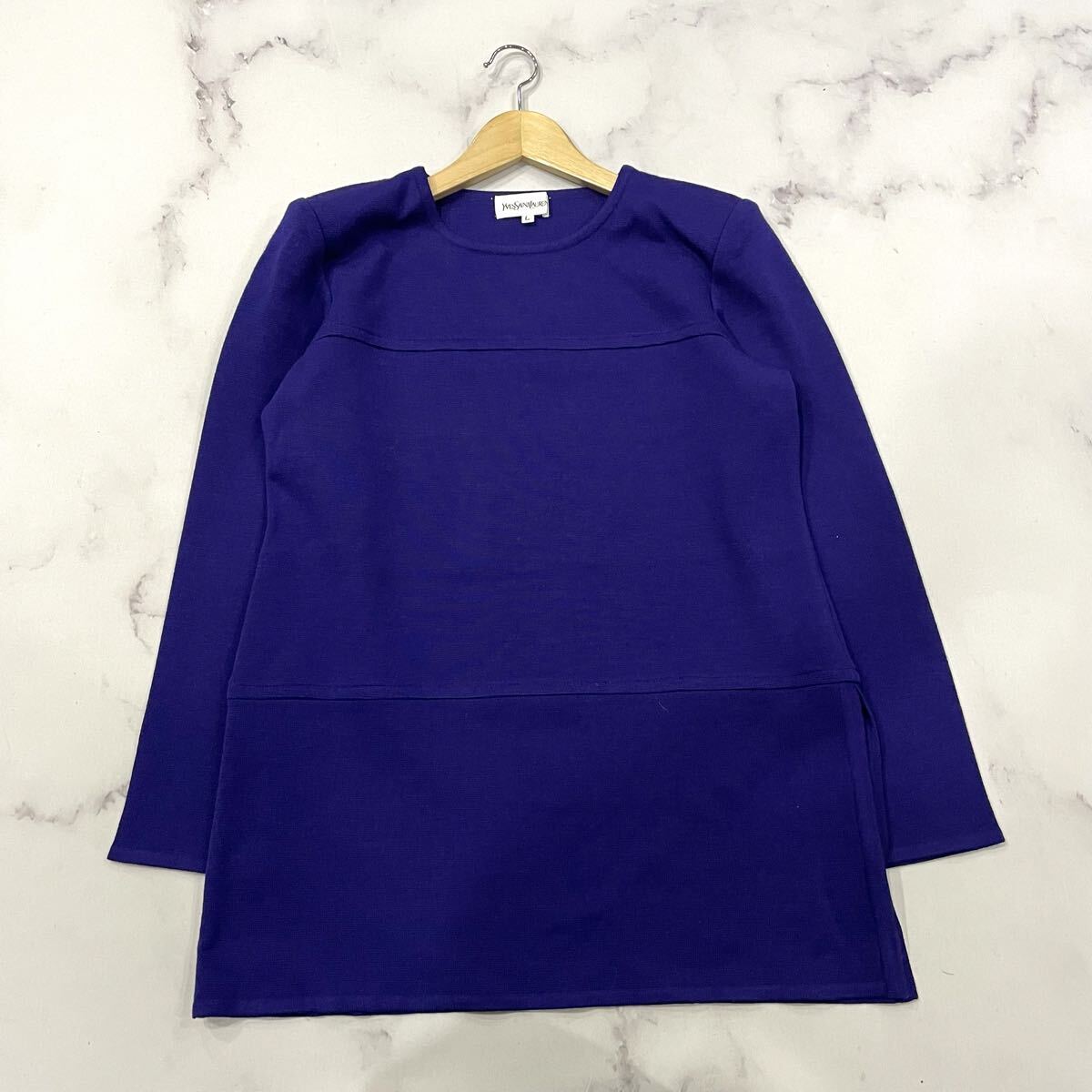 I ○ 90’sビンテージ '日本製' YVES SAINT LAURENT イヴサンローラン 長袖 ウール100% ニット セーター ワンピース L トップス ブルー