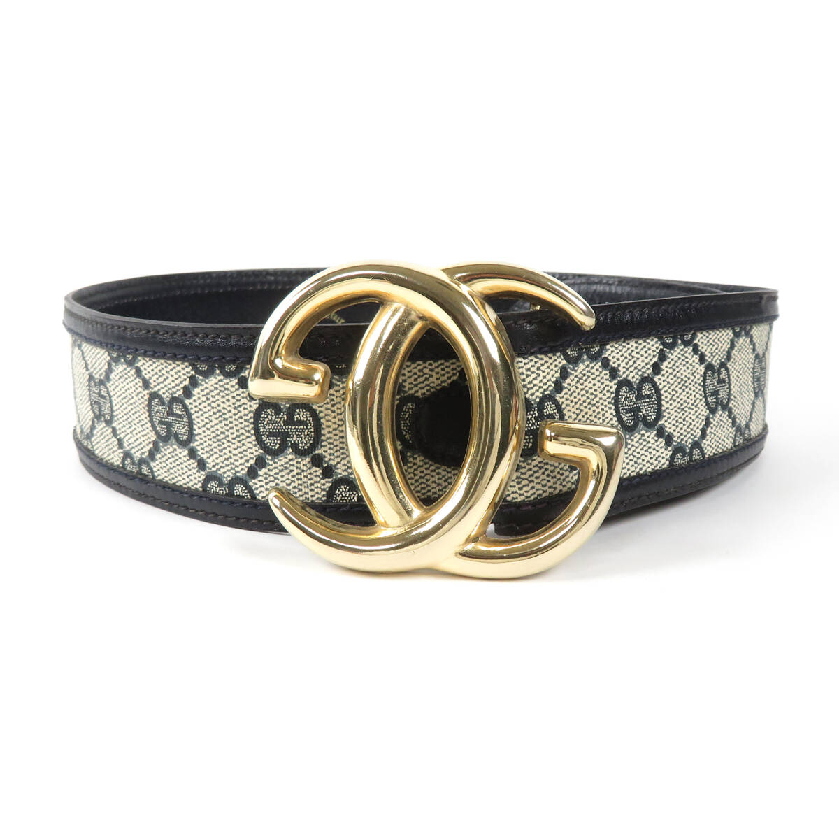 GUCCI オールドグッチ ロゴバックル GGスプリーム ベルト ネイビー キャンバス レザー レディース 28/70 幅広