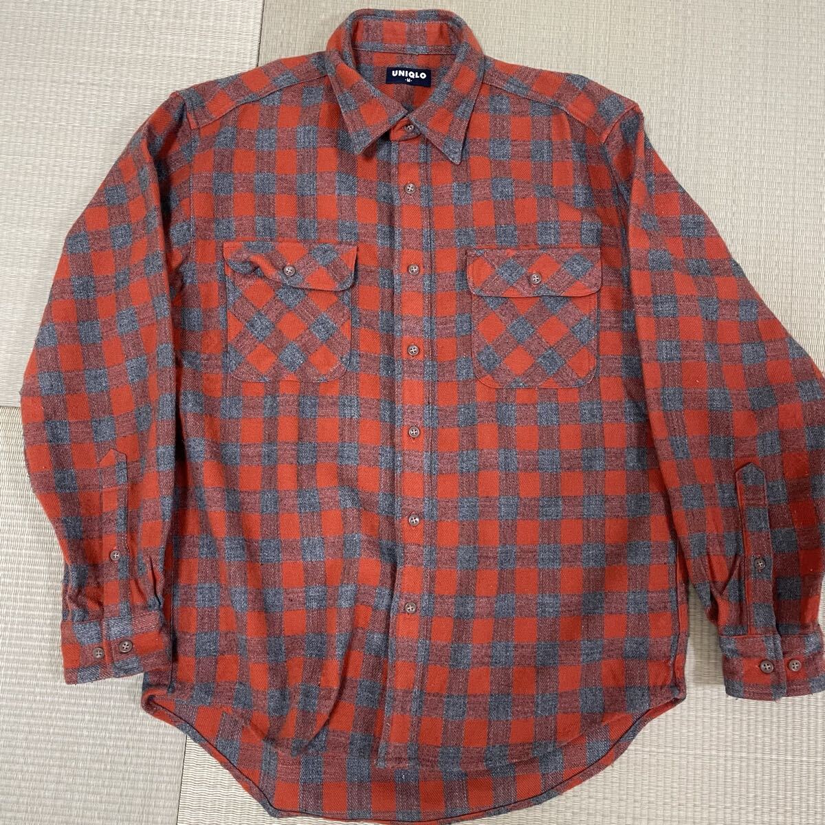 90s ユニクロ　UNIQLO 紺タグ　アクリル　長袖シャツ　mサイズ　好配色　オールドユニクロ　olduniqlo 