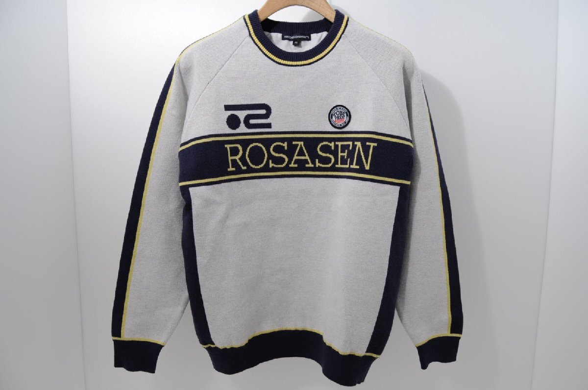 coco 中古【SALE】ロサーセン メンズ ニット 48(M) 白×紺 長袖クルーネックセーター 裏地付き レターパックプラス発送可 60023