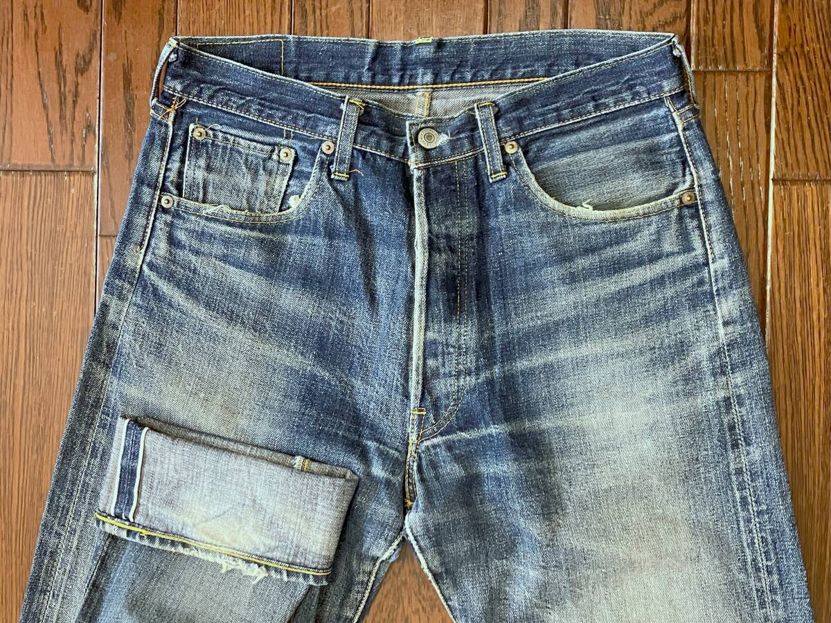 リーバイス LEVI'S 66501 ひげ落ち ビンテージ レプリカ ジーンズ w33 BIGE 赤耳 復刻 デニム パンツ ハチノス ジーパン 日本製 00年
