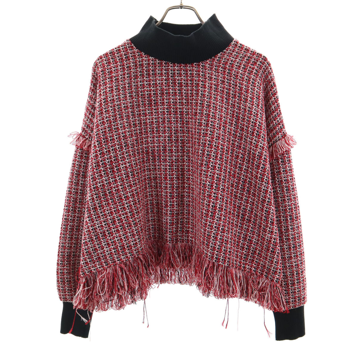 ZARA WOMAN ザラウーマン 長袖 フリンジツイードハイネック ニット L レッド系 プルオーバー レディース