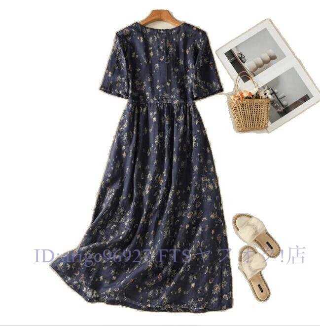 ★新品ワンピース L夏 レトロな 花柄の 盤ボタン 綿 半袖ロングワンピース