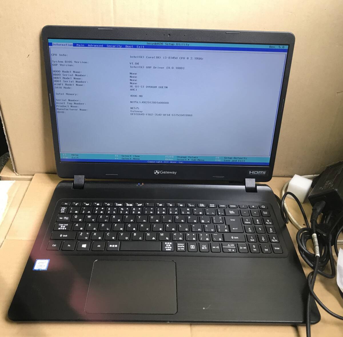 NO.12★Acer Gateway NE575-H38G/F Intel Core i3-8145U CPU/4GBメモリ-/Sマルチ/カメラ/10キー/15.6インチノートパソコン 中古品★