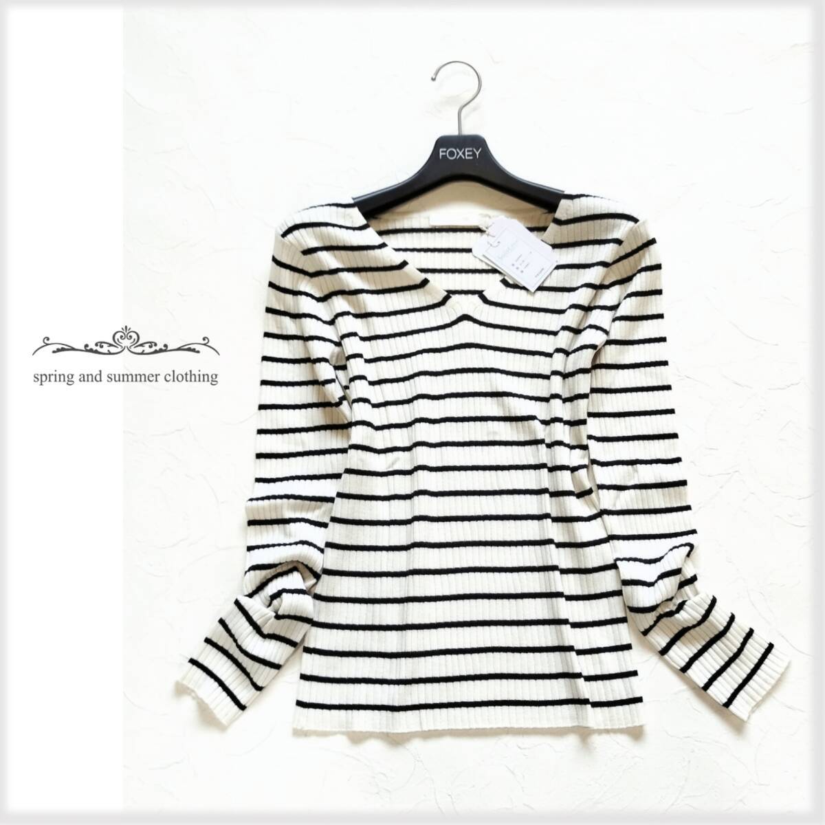紙タグ付き♪未使用品＊AG by aquagirl エージーバイアクアガール＊リブ Vネック ボーダー ニットカットソー♪白×黒M レディース 長袖 N2