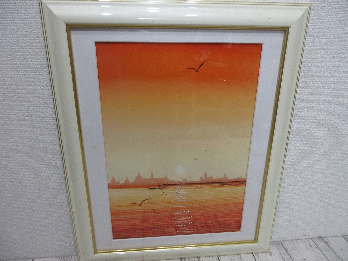 yo4 【真作】ミッシェル・バテュ 　「夕暮れのソナタ 」シルクスクリーン スワロフスキー 装飾有 額横46.5ｃｍ高さ約56.5ｃｍ 【星見】