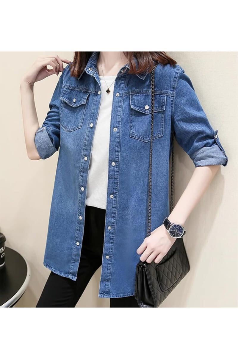 シャツ レディース 長袖 秋 デニム ロング丈 カジュアル おしゃれ 無地 ゆったり シンプル 大きいサイズ