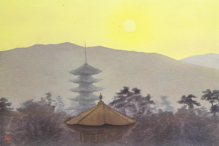 ■★東山魁夷 【大和路三題「朝の塔」】 アダチ版画研究所 1980年 木版画 エディション有り