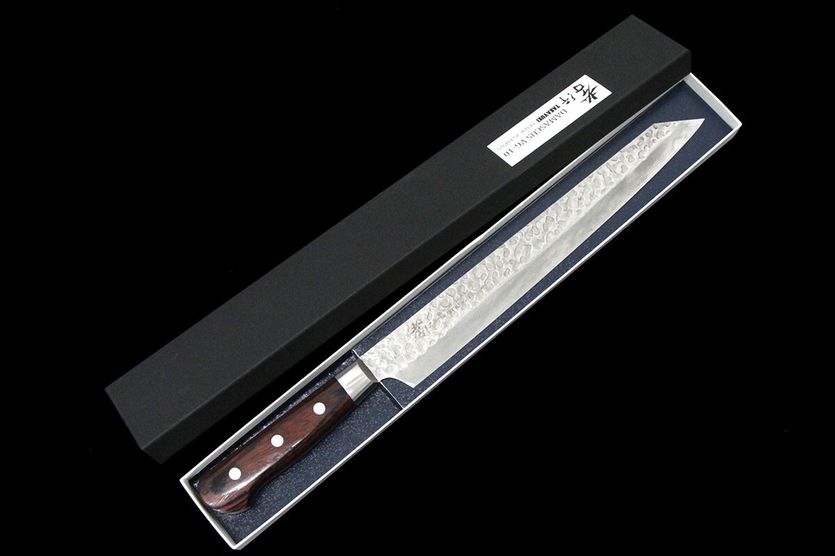 美品｜堺孝行 剣型筋引包丁 250mm 33層 VG10 ダマスカス鋼 鍔付き柄 箱付 KN02-A11383-2L2C