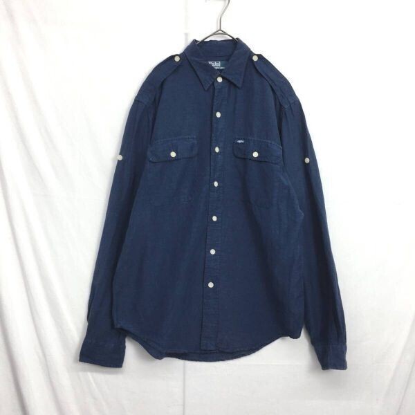 HZ9765★Polo Ralph Lauren : リネン/シルクシャツ★M★ネイビー ポロラルフローレン