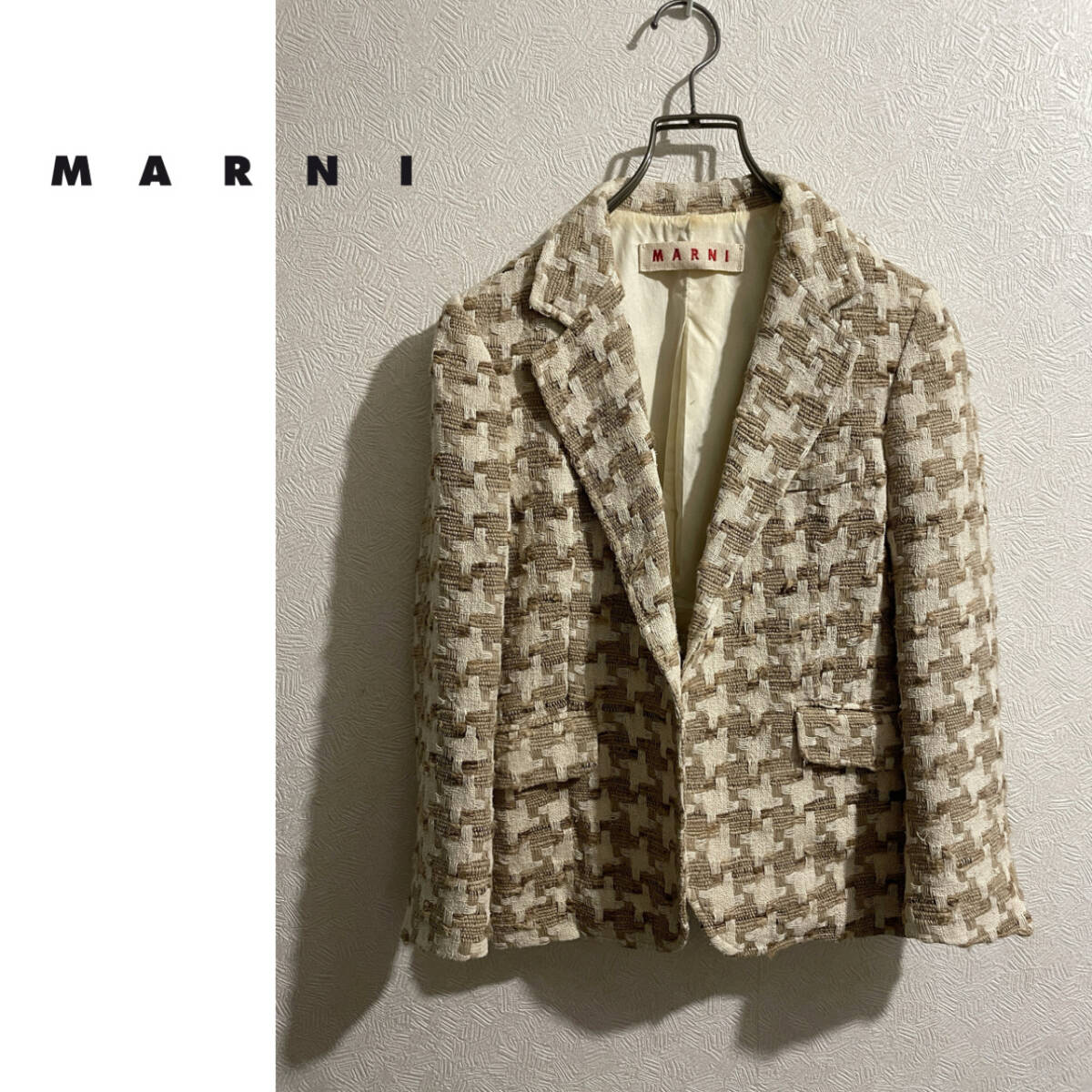 ◯ イタリア製 MARNI ハウンドトゥース シルク テーラード ジャケット / マルニ オープンフロント ツイード ベージュ 40 Ladies #Sirchive