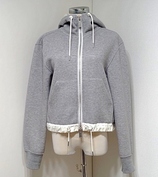 23AW 美品 Sacai サカイ ドローストリング スポンジ スウェット ジップアップ フーディ パーカー 23-06683 グレー コットン レディース 2