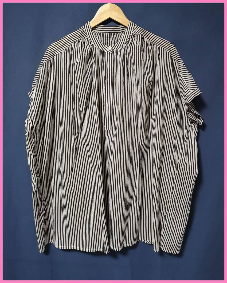 ＢＬＳ‐５０８‐２☆夏☆新品☆送料込み☆即決☆綿☆カッターシャツ素材☆M～L☆チュニック☆黒×ベージュ系☆ストライプ☆プルオーバー