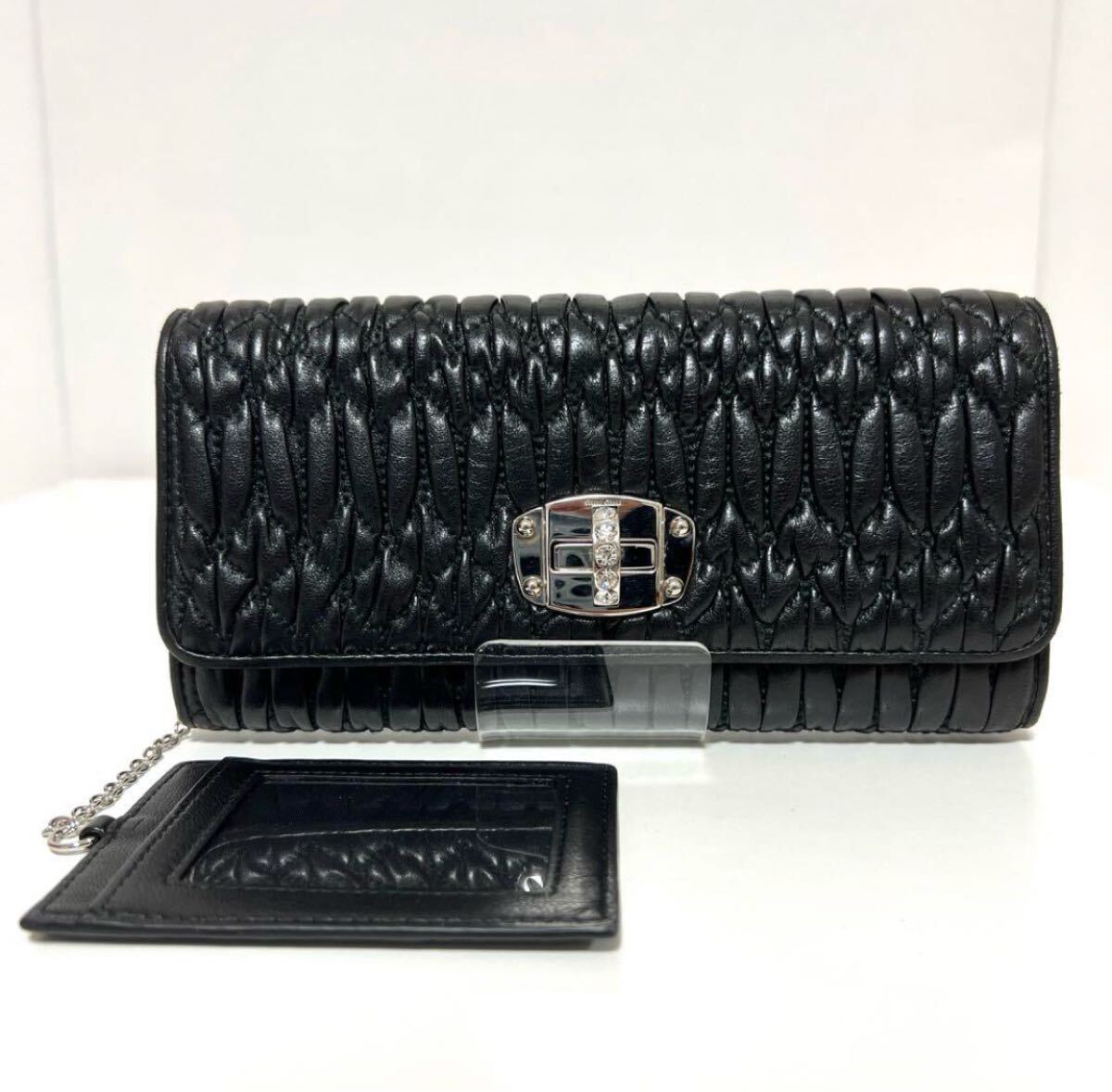 miu miu ミュウミュウ 長財布 マトラッセ ナッパ クリスタル ピジュー ターンロック パスケース付き ブラック 中古