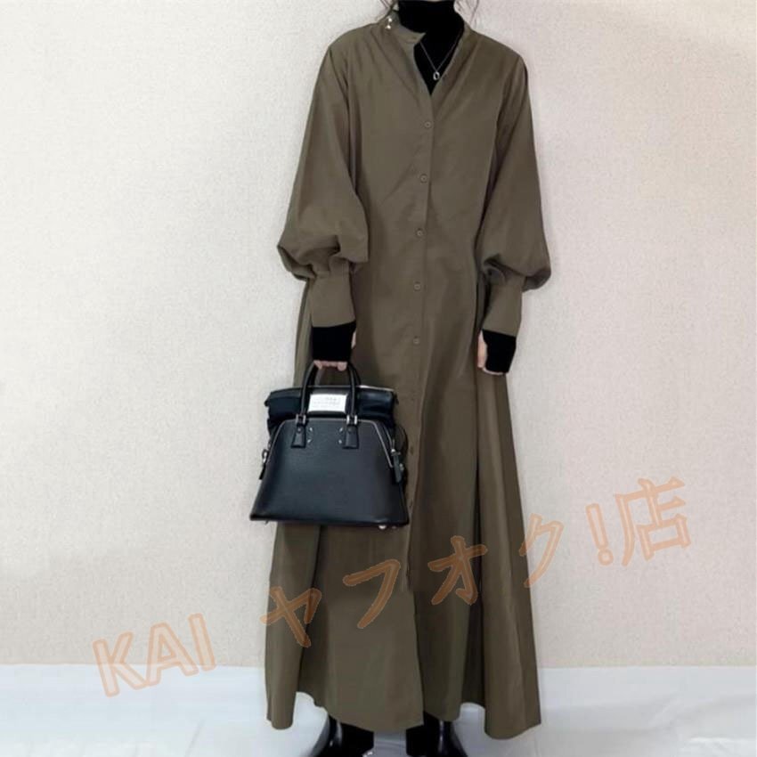 新品秋 シャツワンピース キレイめ ワンピース レディース ロングワンピース ふんわり袖 長袖 マキシ丈ワンピース グリーン