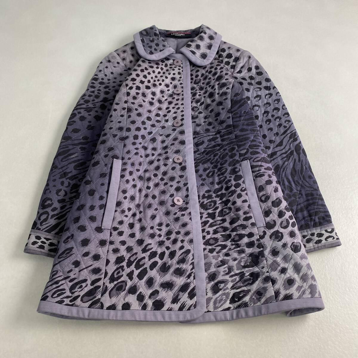 レオナール　コート　キルティング　ヒョウ柄　シルク混　パープル　LEONARD FASHION　M・L相当