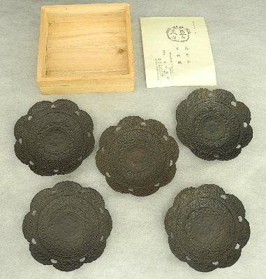 南部鉄器 天蓋茶托 鈴木盛久 5客セット 上蓋なし 模中尊寺国宝天蓋 茶托 盛久 南部 天蓋 中古美品 日本製 Nambu Tekki made in Japan