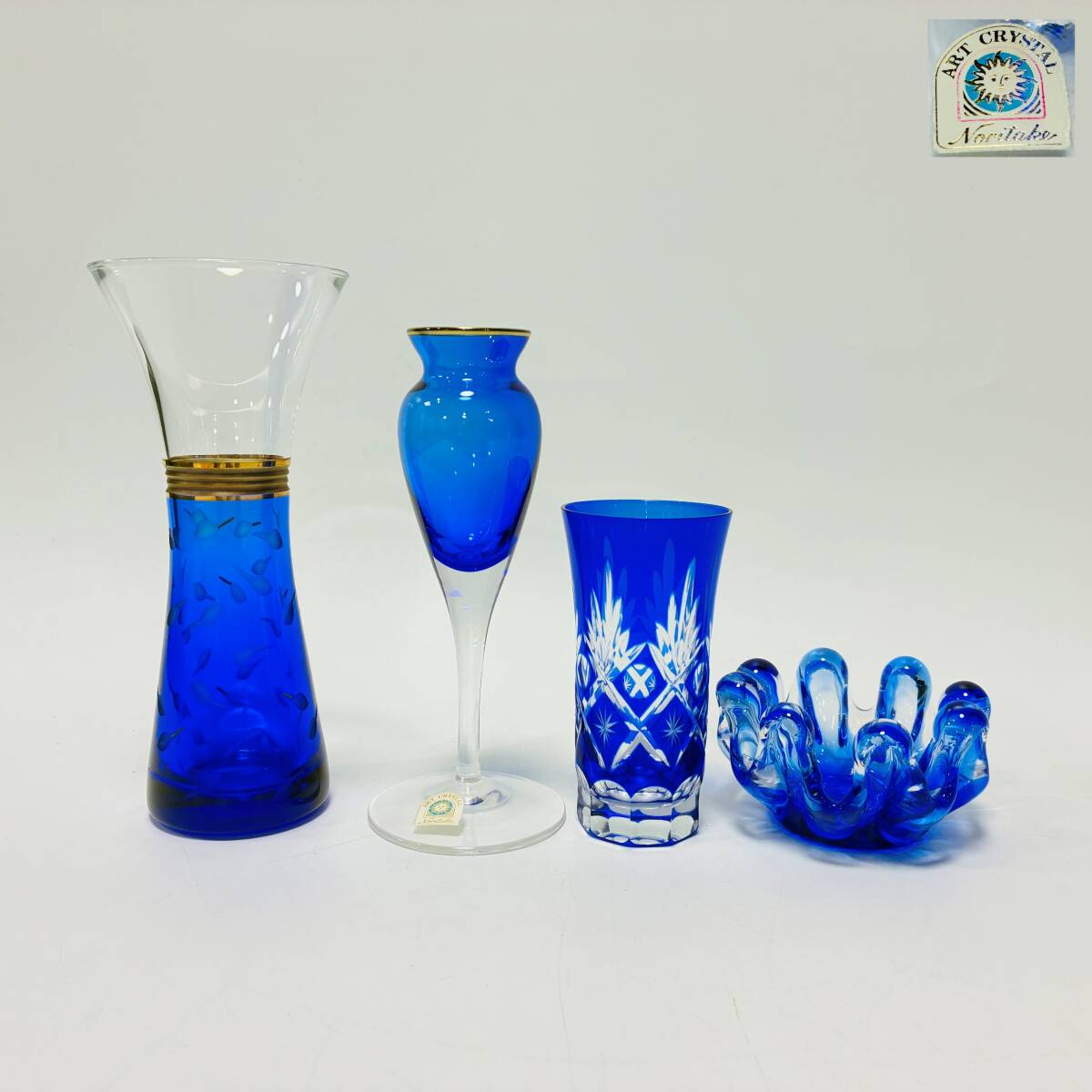 【63637C】Noritake ART CRYSTAL 一輪挿し 切子グラス 琉球グラス 小物入れ 灰皿 花瓶 青 4点 現状品 経年保管品