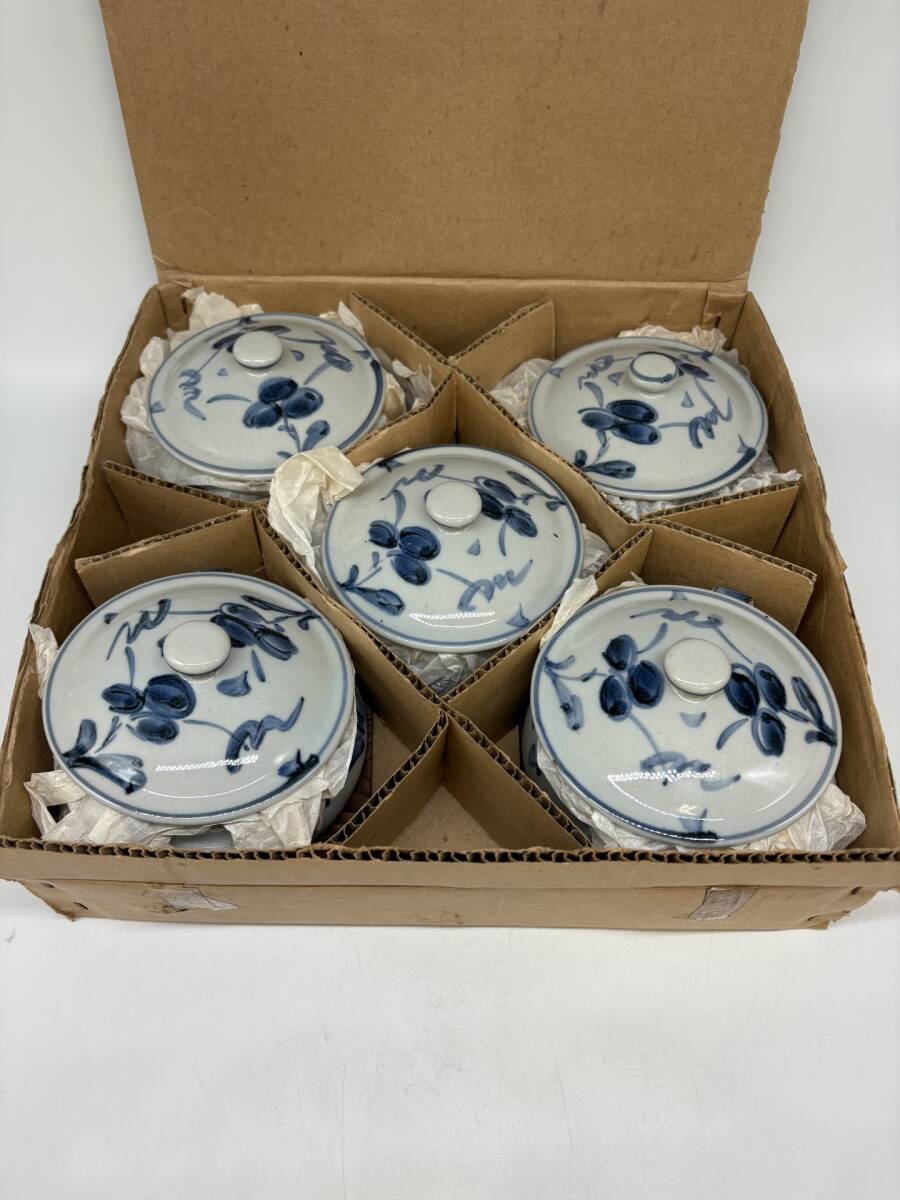 S10117i〇【美品】陶器 蓋付き椀 5点セット 和食器 煮物椀 茶碗 小物入れ 敷板つき 物入れ