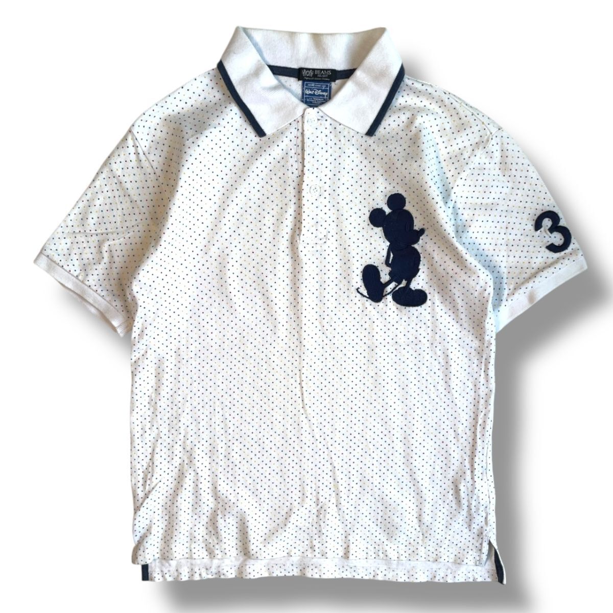BEAMS HEART × DISNEY コラボ ミッキー パッチ 刺繍 ロゴ マルチ カラードット柄 半袖 ポロシャツ S 白 POLO ビームス MICKEY MOUSE