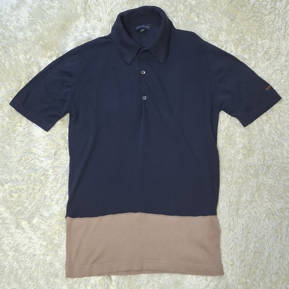ジョンスメドレー JOHN SMEDLEY ニット ポロシャツ シーアイランドコットン バイカラー 紺×ベージュ サイズ実質M 英国製 手洗い洗濯済 