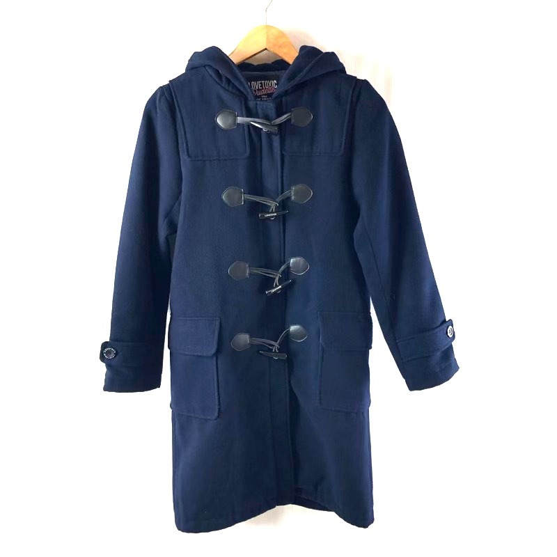 ラブトキシック Lovetoxic ダッフルコート チェック フード ブランド印字ボタン サイドポケット 紺 Lサイズ 964806